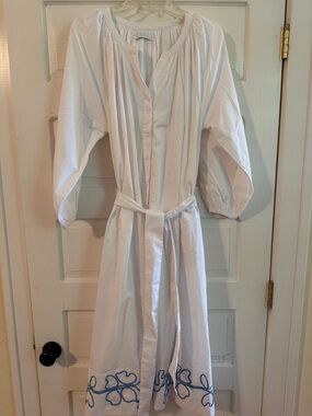 LAKE Brunch Dress - White Midi Shirt Dress with Blue Embroidered Hem